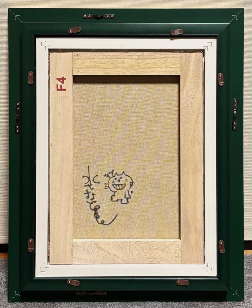 F4号】手描き油彩画 水森亜土 額縁 未使用額 サイン 絵画 女の子 猫