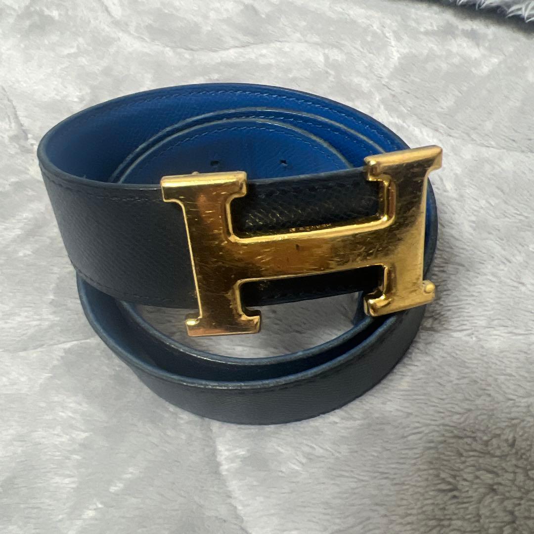 HERMES ブラック ブルー レザーベルト エルメス HERMES コンスタンス ベルト 75cm U刻印 ブラック ブルード