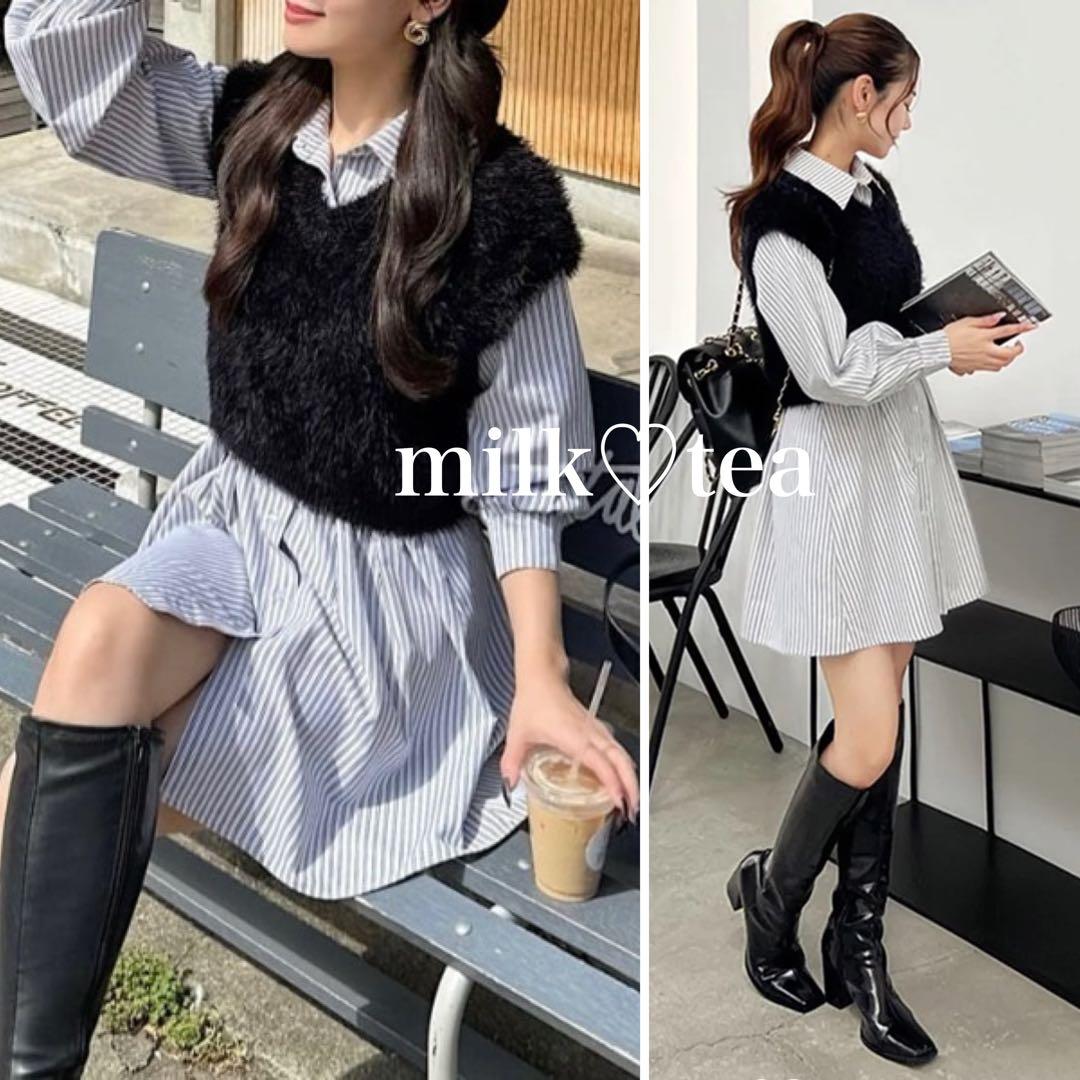 新品 ロイヤルパーティー ニットベスト付くびれるストライプシャツワンピース F ロイヤルパーティー ROYAL PARTY ニットベスト付くびれるストライプ