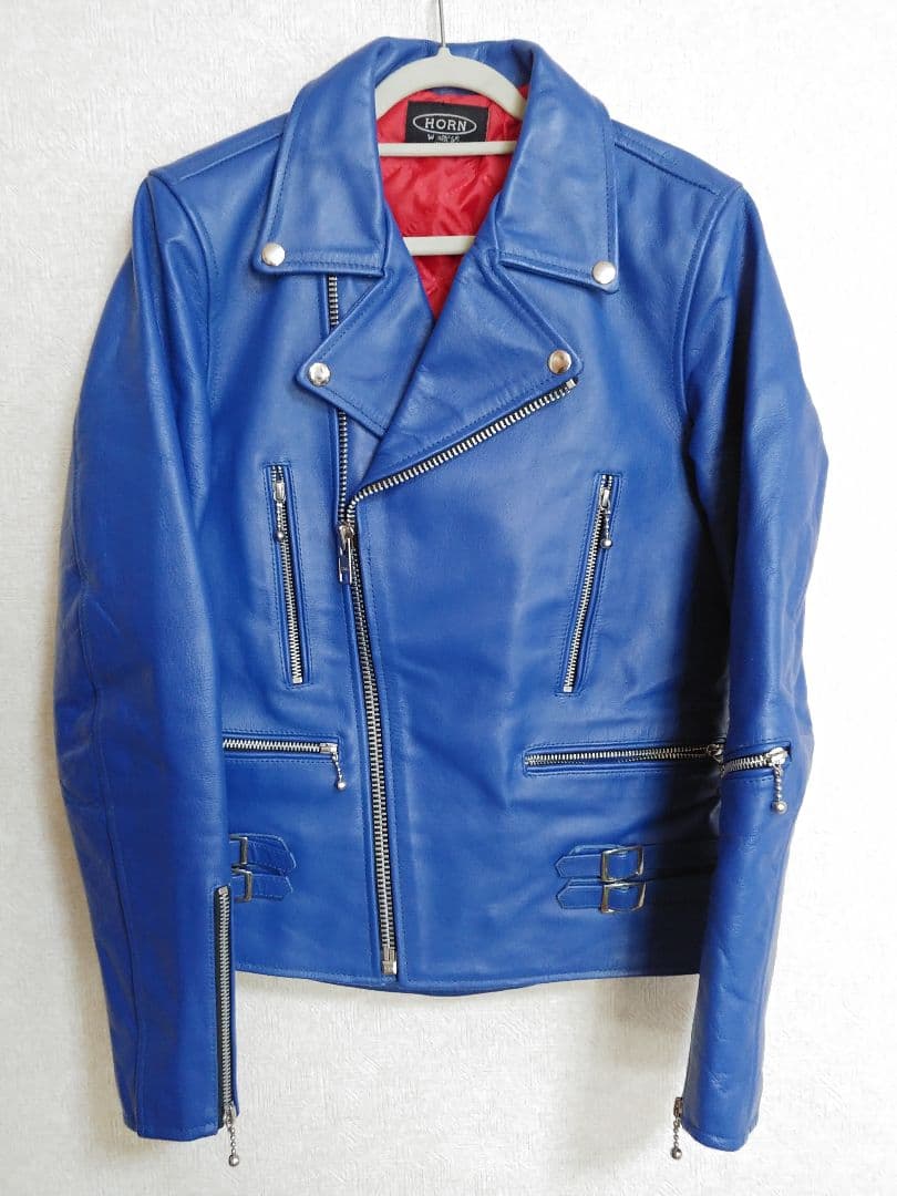 HORN WORKS レザー ダブルライダースジャケット S 青 Horn Works 本革 UKパッドダブルライダースジャケット メンズ ホーン