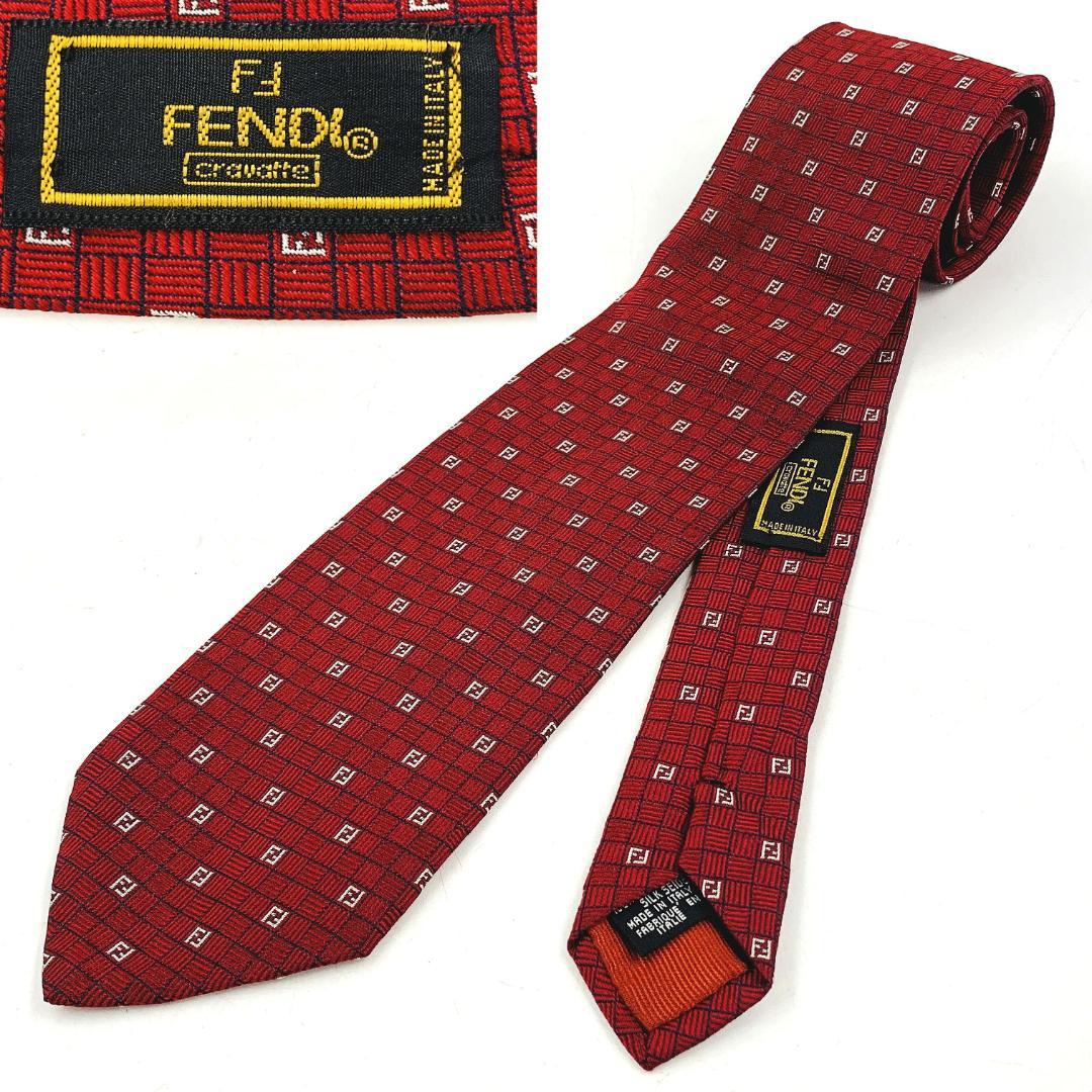 FENDI ネクタイ 高級シルク100% ズッカ ブランドロゴ 赤系 イタリア製