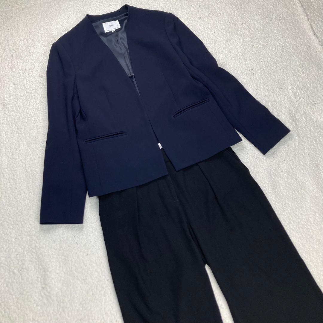 23区 ノーカラージャケット PLST ワイドパンツ セットアップ 濃紺 黒 23区（ニジュウサンク） ジャケット ノーカラージャケット