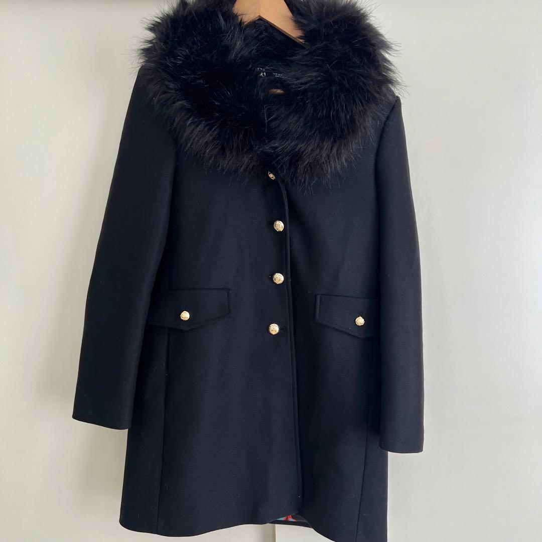 美品ZARAファー付きコートサイズ28 M 黒ブラック金ボタン - メルカリ