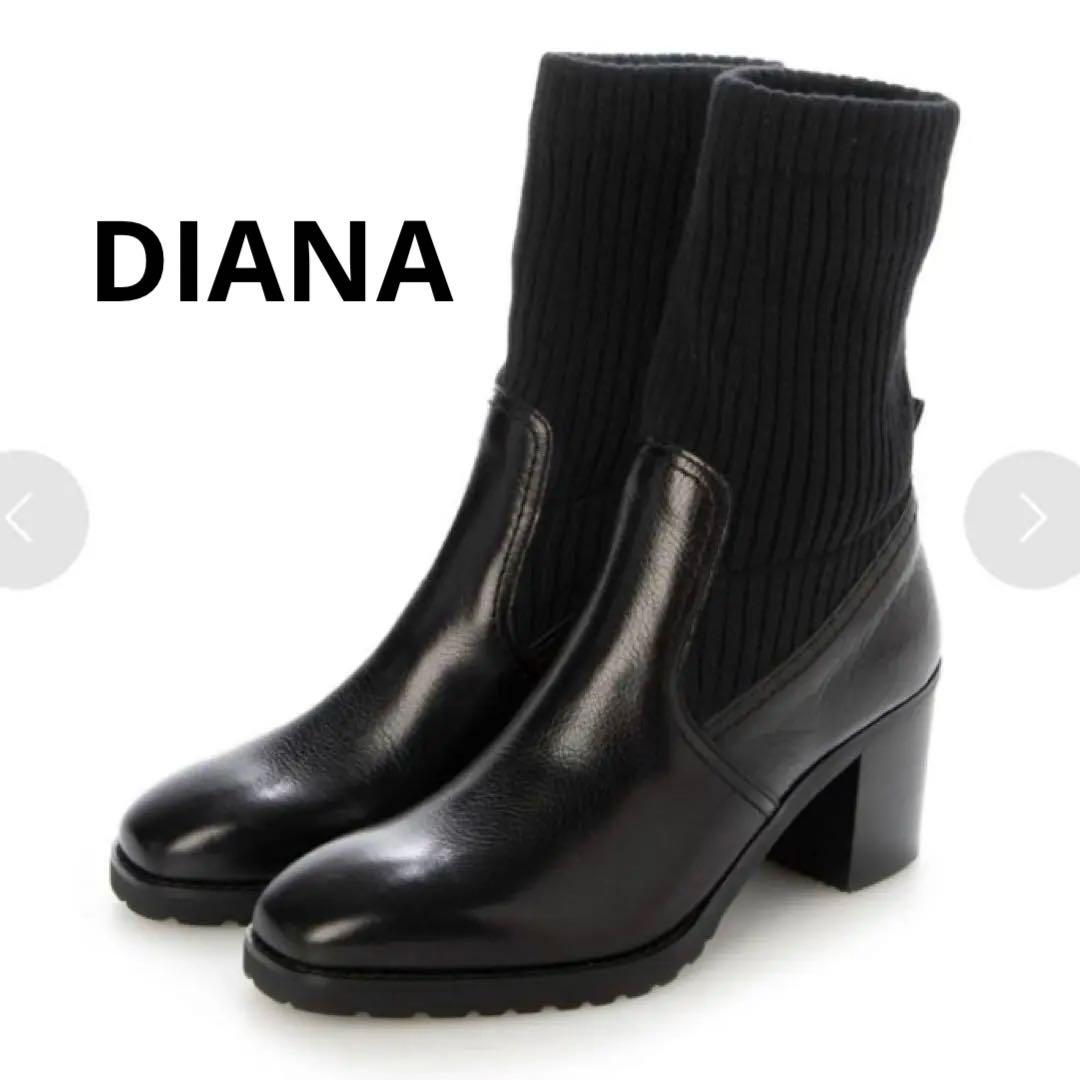 【極美品】DIANA ダイアナ ソックスブーツ レザー22.5cm 黒 diana（プラスダイアナ） ブーツ 軽量ニットソックススニーカーブーツ