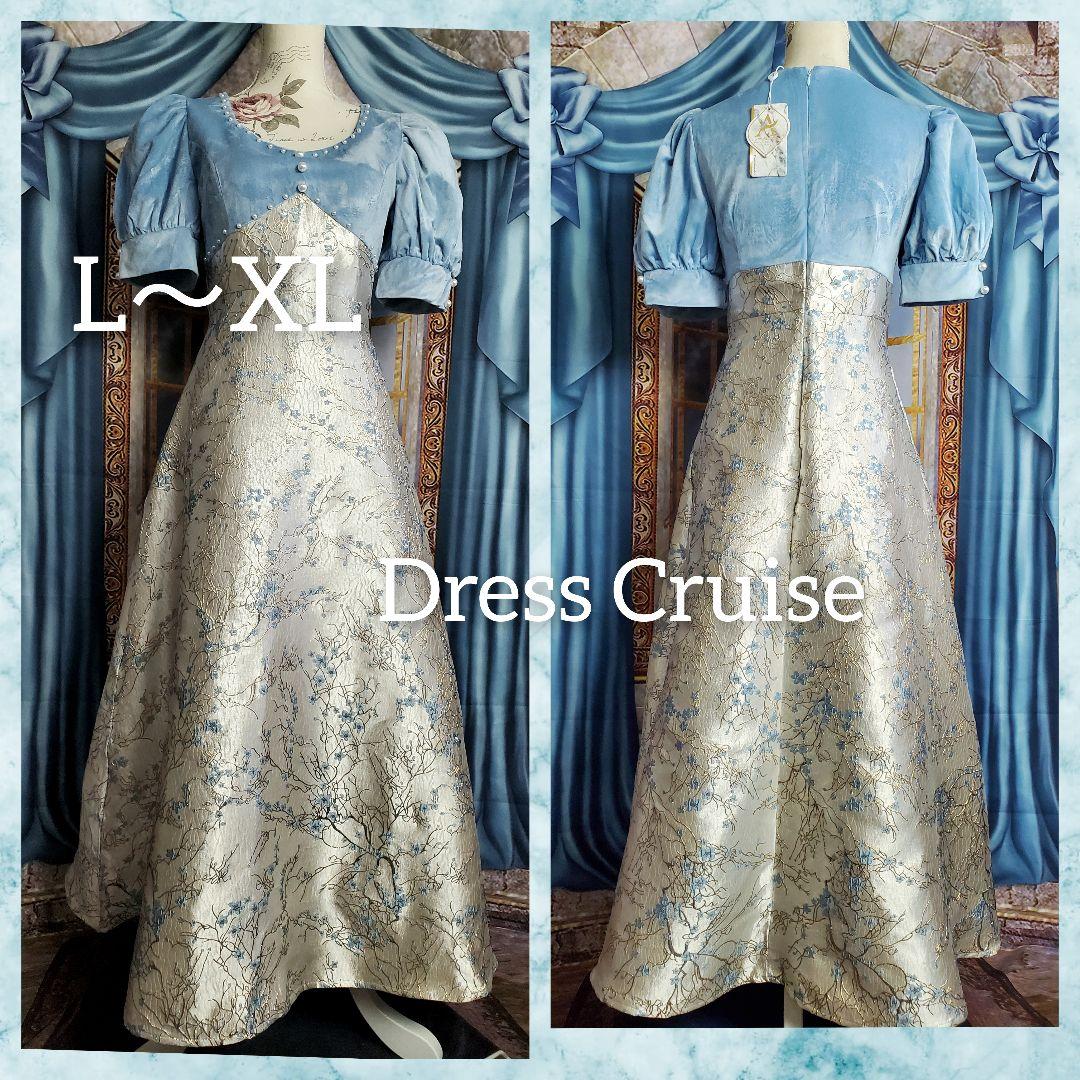 L～XL【新品インポートセレクト】ベロア×金糸混ジャガードパールクラシックドレス Cross Neck Jacquard Dress｜結婚式やお呼ばれに｜ジャガード