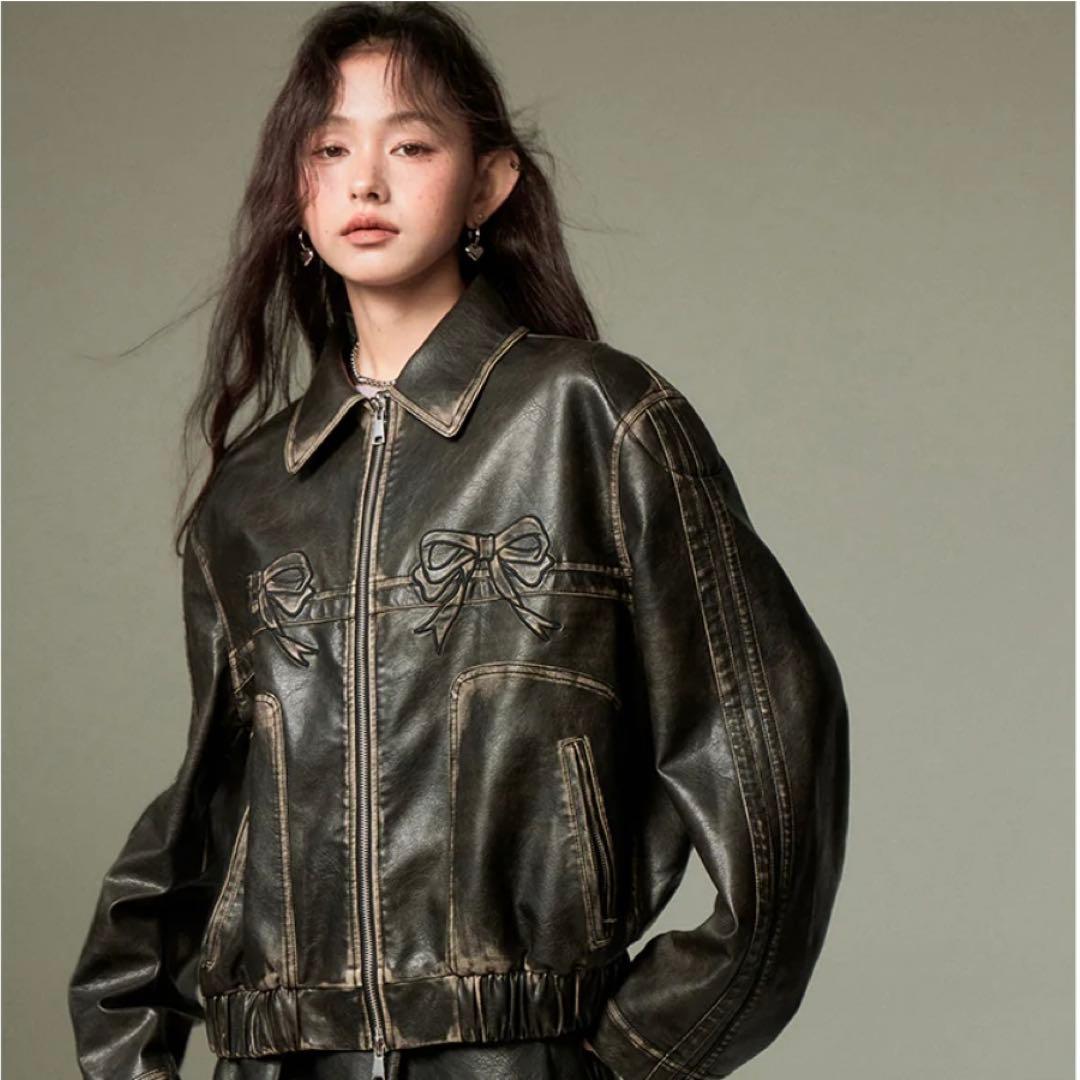 DIDDI MODA レトロリボンレザージャケット M DIDDI MODA Sweet and cool ribbon retro black leather jacket – 個性