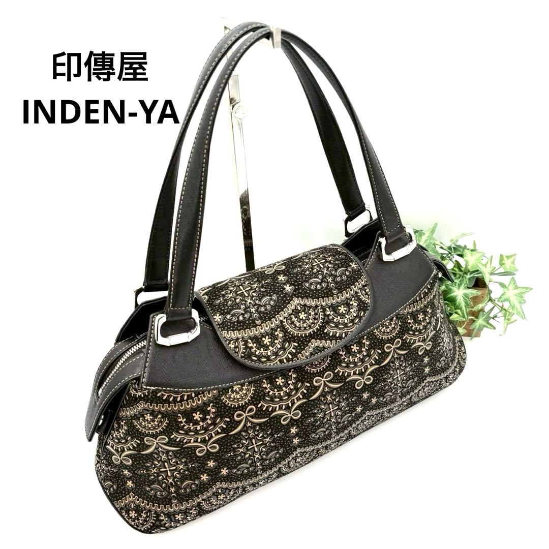 【超美品】印傳屋 PRIDEN プライデン 手提げバッグ 黒×ベージュ 鹿革 漆 超美品】印傳屋 PRIDEN プライデン 手提げバッグ 黒×ベージュ 鹿革 漆