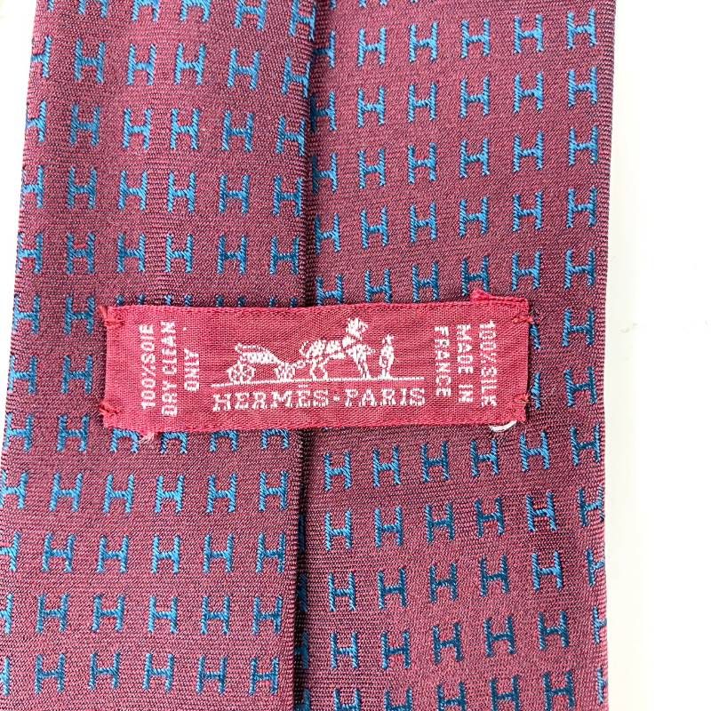美品 HERMES エルメス ネクタイ ファソネ H柄 H織 ジャガード ボルドー