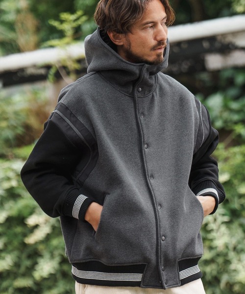 mj10045-Back Brushed Sweat Hooded Studium Jacket スタジャン