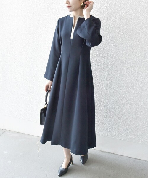 SHIPS any: ダブルクロス ウエスト タック Aライン ワンピース ［NAVY