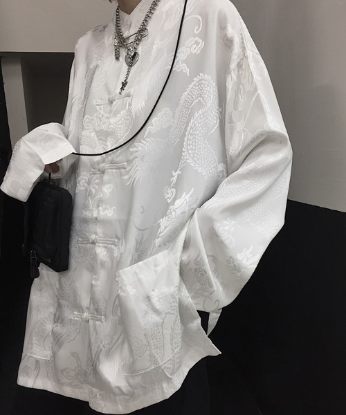 セール】一枚で主役な上級見え。サテンタッチ チャイナデザインシャツ