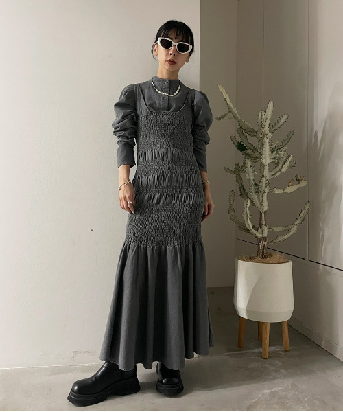 Ameri（アメリ）の「2WAY DENIM RANDOM SHIRRING DRESS（ワンピース