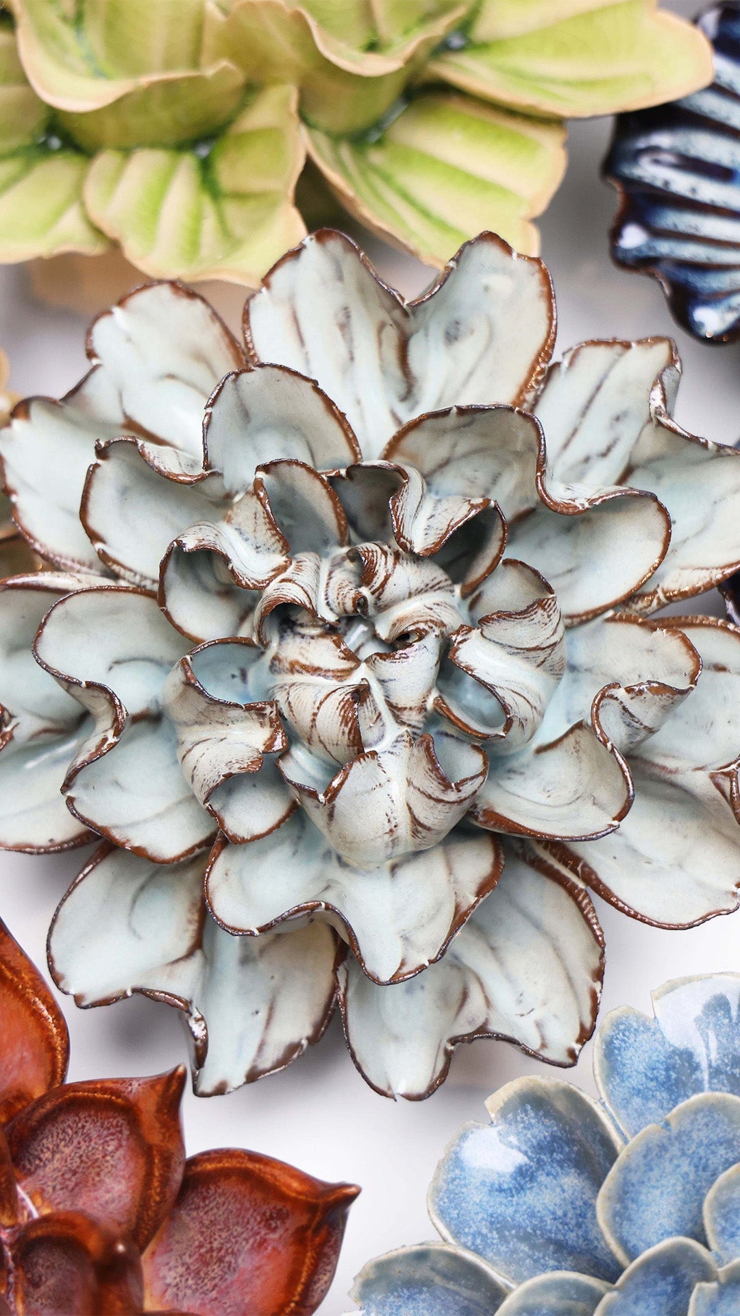 Flower Wall Decor: Ceramic Medium Chocolate Mint Art Piece